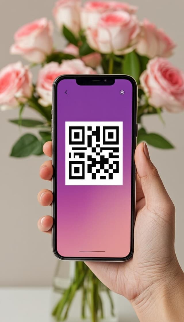 Qrioo - QR code sur téléphone avec bouquet de roses